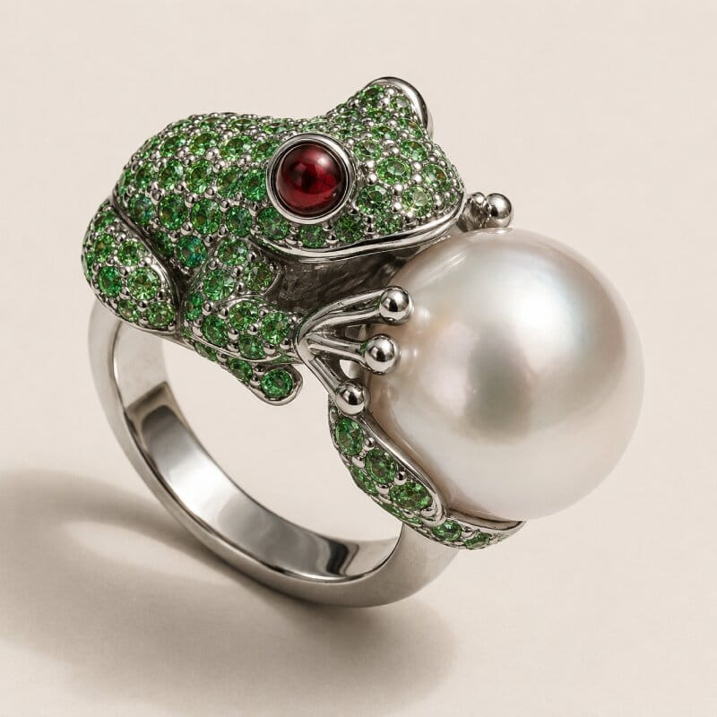Frog ring with green gemstones and pearl