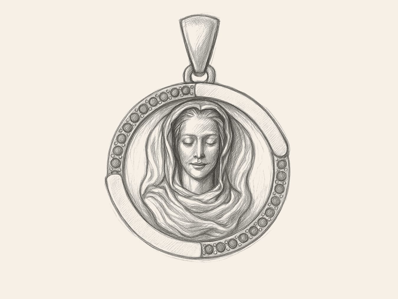 Virgin Mary Portrait Pendant: Hand-Drawn Jewelry Design