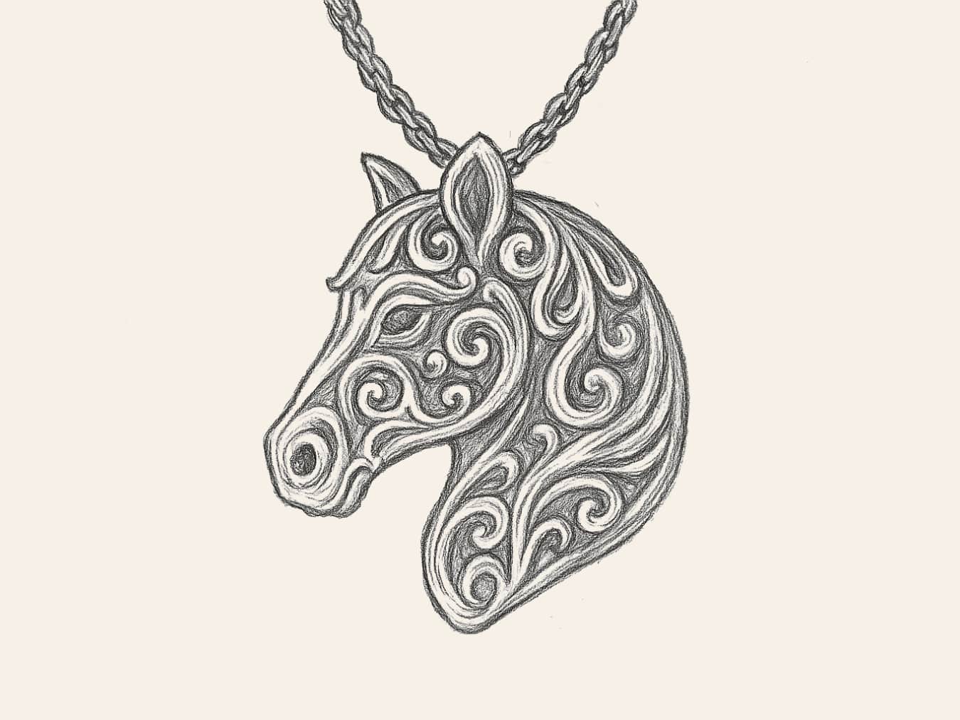 Ornate Horse Head Pendant: Hand-Drawn Jewelry Design
