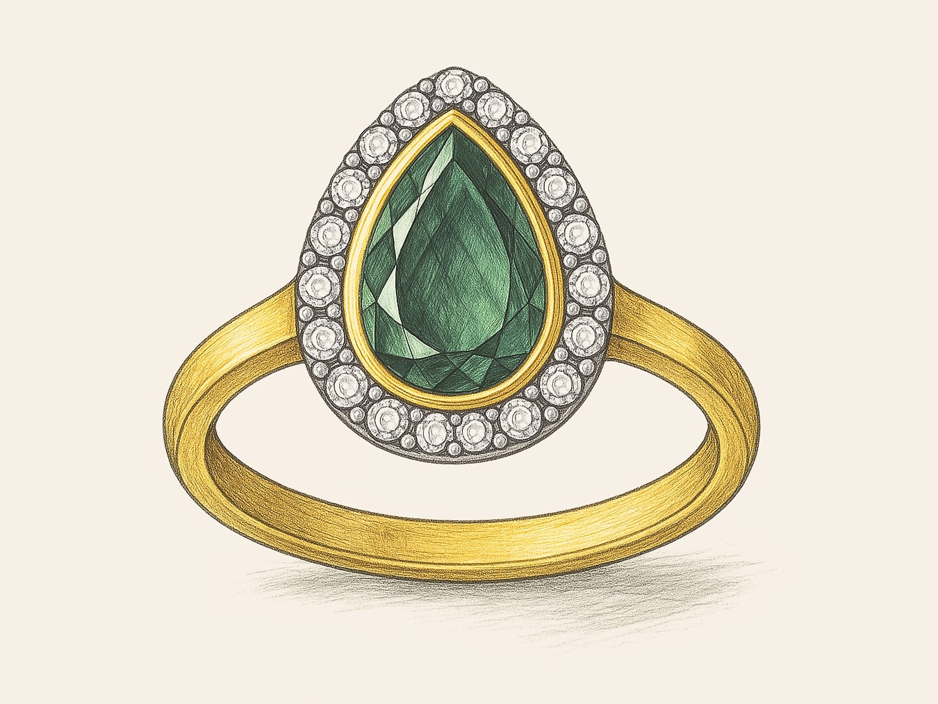 Pear-Shaped Emerald Halo Ring: Hand-Drawn Jewelry Concept