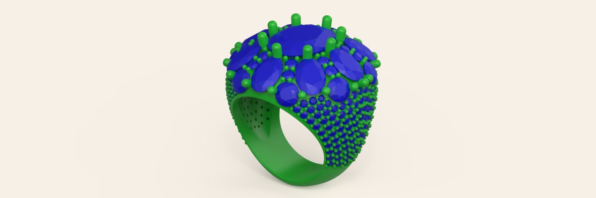 3D CAD rendering of a cluster ring with multiple gemstones and a prong setting, viewed at an angle.