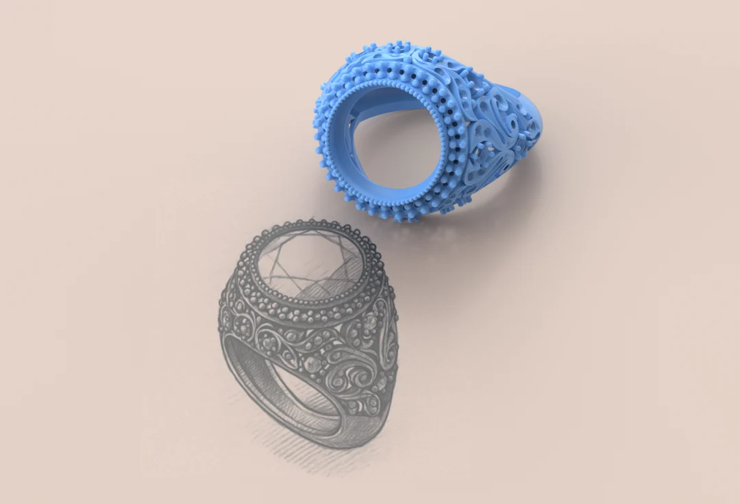 custom-ring-design-sketch-to-3d-cad-model Hand-drawn sketch and 3D CAD model of an ornate custom ring, showing the transformation from concept to digital design.