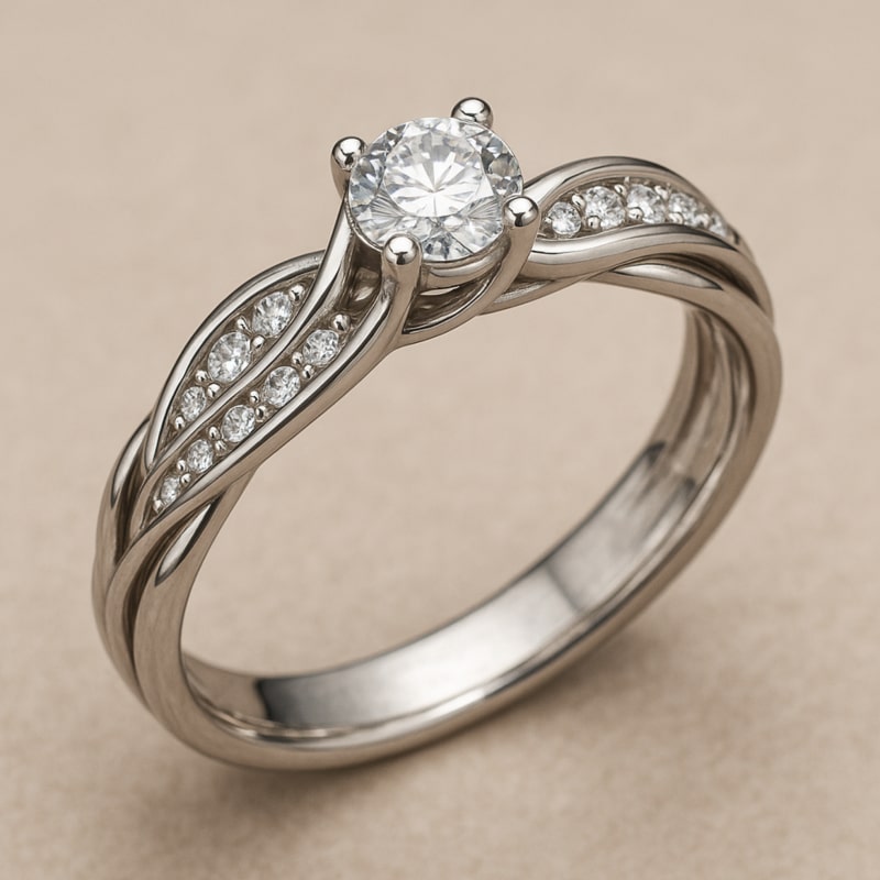 Realistic 3D rendering of a diamond engagement ring with a twisted pavé band in white gold.