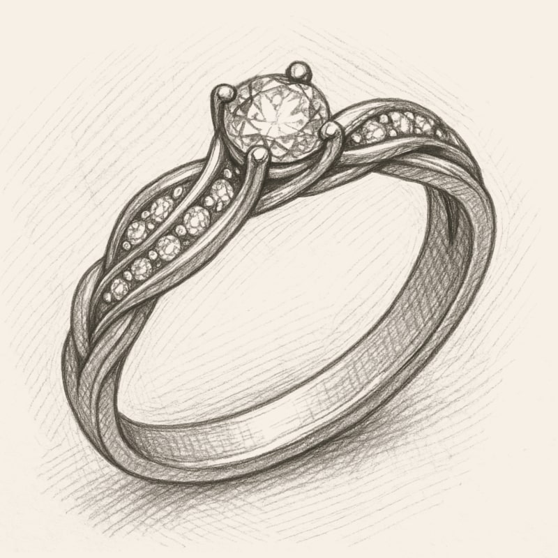 Detailed pencil sketch of a diamond engagement ring with a twisted band and pavé stones.