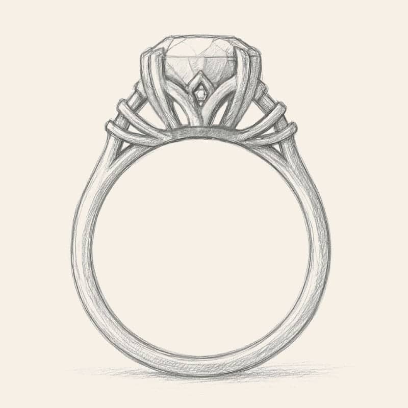 Pencil sketch of a side view of an ornate engagement ring with a large center gemstone.