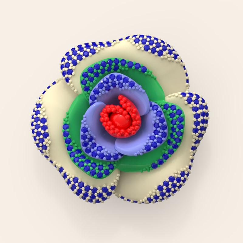 flower-ring-3d-model Colorful 3D CAD model of a flower-shaped ring, featuring pavé-set gemstones in blue, red, green, and cream tones on layered petals.