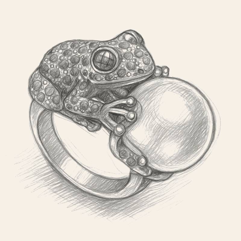 Hand-drawn jewelry sketch of a frog ring holding a large pearl, featuring detailed texture and realistic shading.