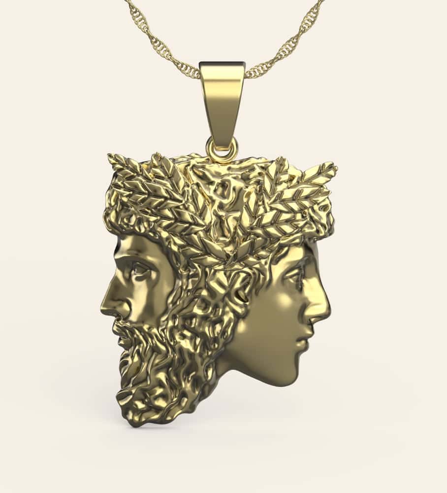 gold-janus-pendant-3d-rendering Gold Janus pendant 3D rendering, featuring two classical faces and a laurel wreath, on a chain necklace.