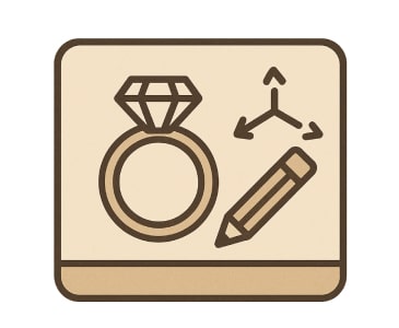 Jewelry design icon showing a diamond ring, pencil, and 3D axis on a drawing board.