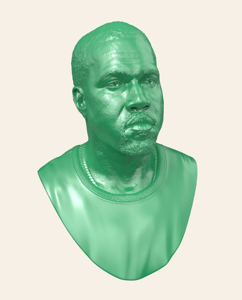 kanye-bust-zbrush-3d-model 3D bust model of a man wearing a t-shirt, created in ZBrush, showcasing realistic facial details.