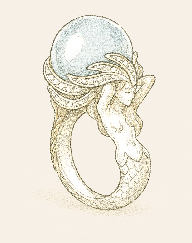 mermaid-ring-sketch-pearl-diamond-accents Artistic jewelry sketch of a mermaid ring design, featuring a large pearl, and diamond-like accents, perfect for custom statement rings.