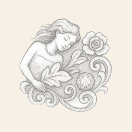 mermaid-rose-floral-jewelry-sketch Hand-drawn pencil sketch of a mermaid surrounded by swirling leaves, a rose, and a geometric gemstone.