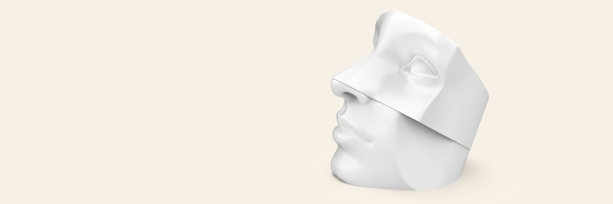 Minimalist 3D rendering of a modern sculpted human face split horizontally, ideal for jewelry or art design websites.