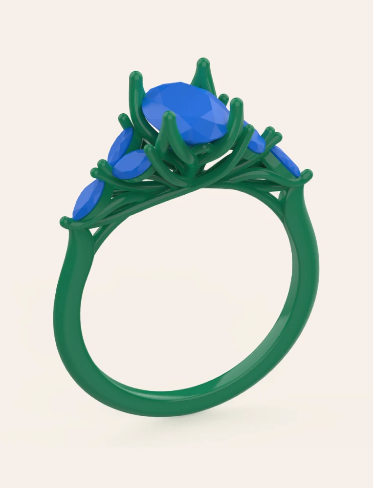 multi-stone-engagement-ring-3d-cad-render 3D CAD render of a multi-stone engagement ring with gemstones, showcasing the ring’s prong setting and side view design.