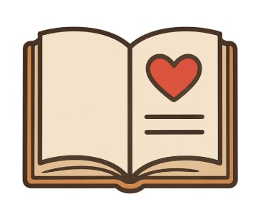 Open storybook illustration with a red heart on the right page.