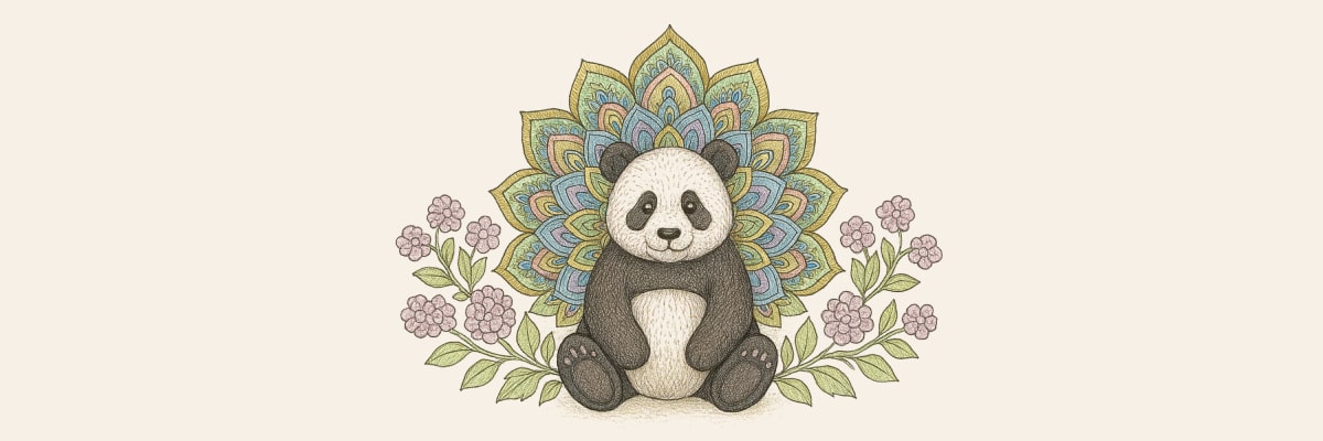 Hand-drawn illustration of a cute panda sitting in front of a colorful mandala with flowers on either side.