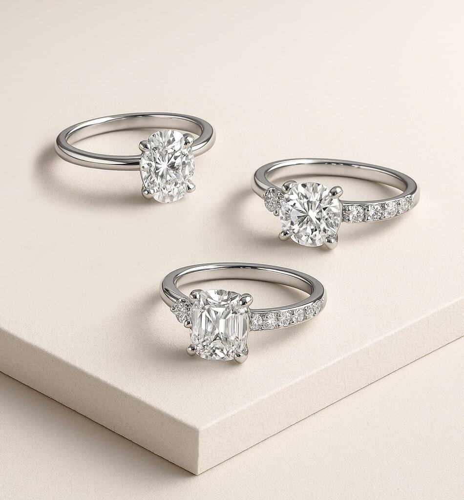 three-diamond-engagement-rings-rendering Three platinum diamond engagement rings with different band styles and brilliant center stones.