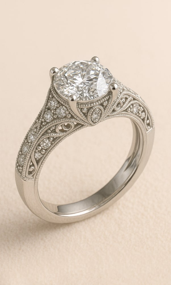 vintage-diamond-engagement-ring-realistic-rendering Realistic rendering of a vintage-inspired diamond engagement ring with filigree detailing and pavé-set diamonds on a white gold band.