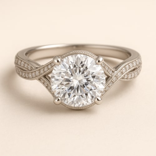 vintage-twist-diamond-engagement-ring White gold engagement ring with a large round diamond and a vintage-inspired twisted band.