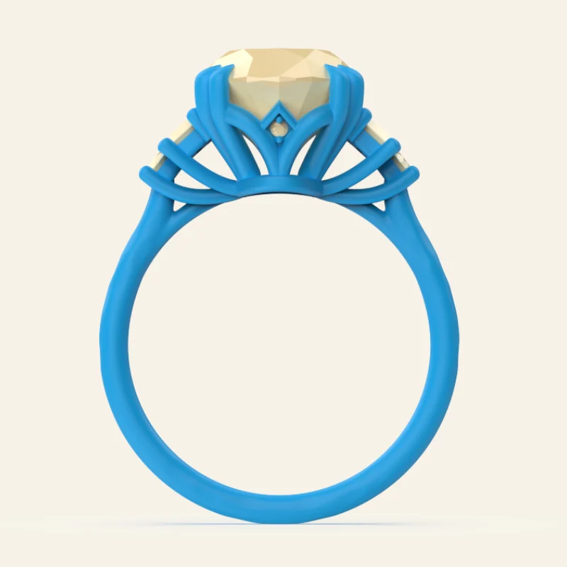 Computer-generated rendering of an ornate engagement ring with a yellow gemstone and intricate band details.