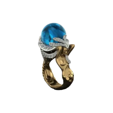A CAD prototype of a ring with a sculpture of a mermaid holding sapphire
