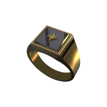 3D-Ring mit einem Stern auf einer Obsidianplattform und einem Diamanten in der Mitte